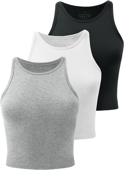 Crop Tops for Women High Neck Tank Top Athletic Cropped Shirts Workout Tanks Gym Clothes 3 Pack Black/Grey/White / X-Large