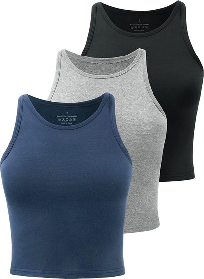 Crop Tops for Women High Neck Tank Top Athletic Cropped Shirts Workout Tanks Gym Clothes 3 Pack Black/Grey/Navy Blue / X-Large