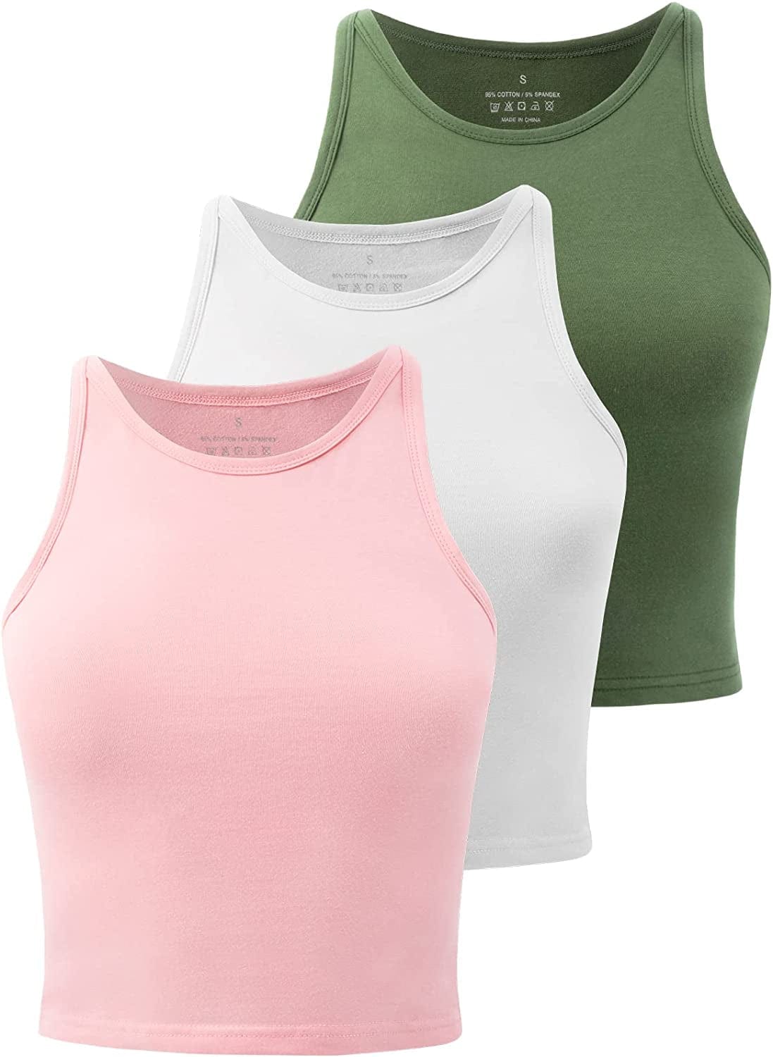Crop Tops for Women High Neck Tank Top Athletic Cropped Shirts Workout Tanks Gym Clothes 3 Pack Green/White/Pink / X-Large