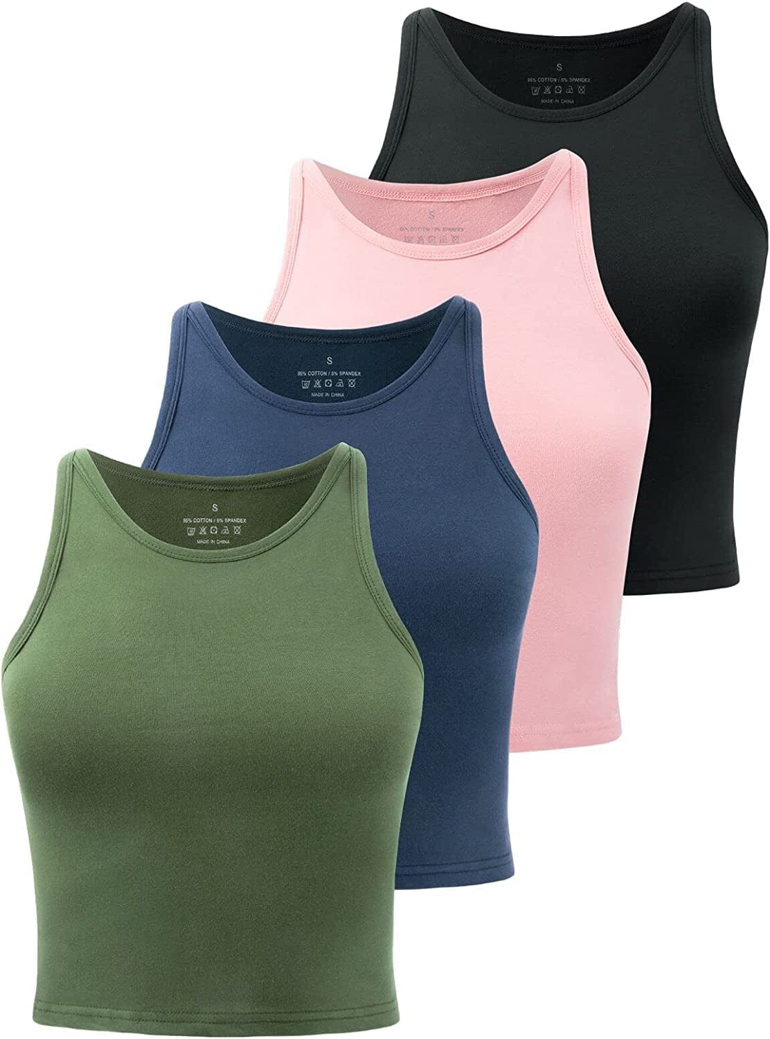 Crop Tops for Women High Neck Tank Top Athletic Cropped Shirts Workout Tanks Gym Clothes 3 Pack Black/Pink/Green/Blue / X-Large