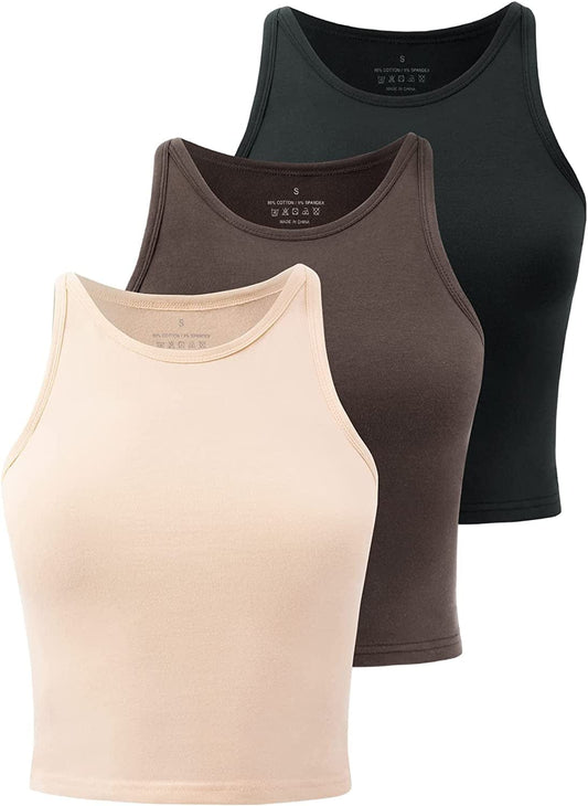 Crop Tops for Women High Neck Tank Top Athletic Cropped Shirts Workout Tanks Gym Clothes 3 Pack Black/Coffee/Beige / X-Large