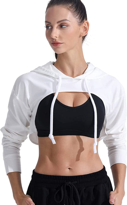 Cropped Top Hoodie Women - Long Sleeve Workout Super Crop Top Sweatshirt plus Size Gym Cute Cut-Out Pullover White / X-Large