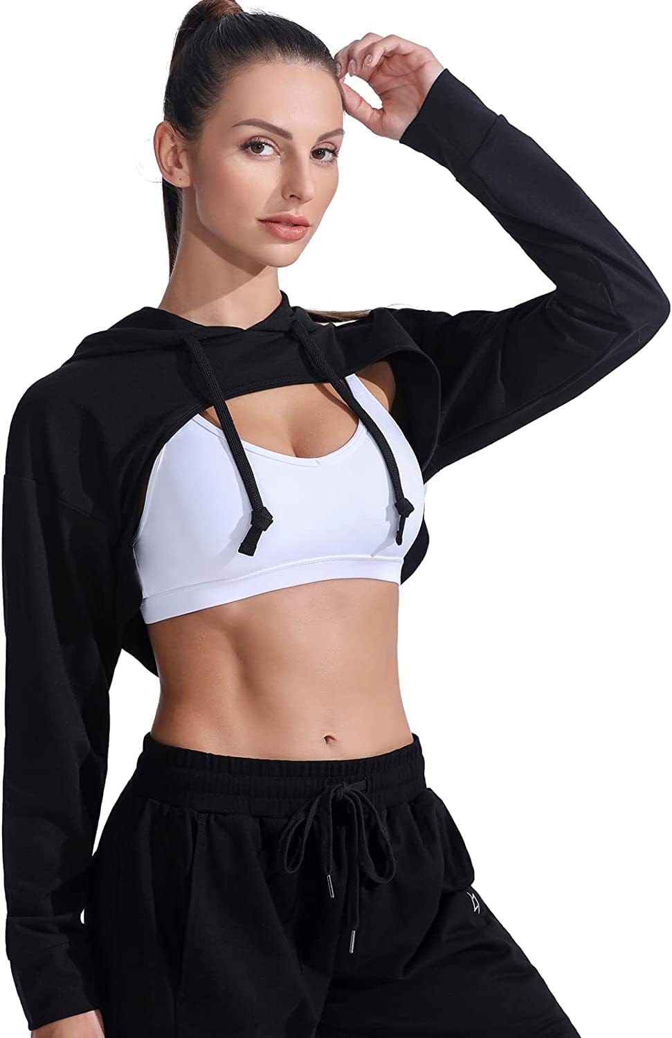 Cropped Top Hoodie Women - Long Sleeve Workout Super Crop Top Sweatshirt plus Size Gym Cute Cut-Out Pullover Black / X-Large