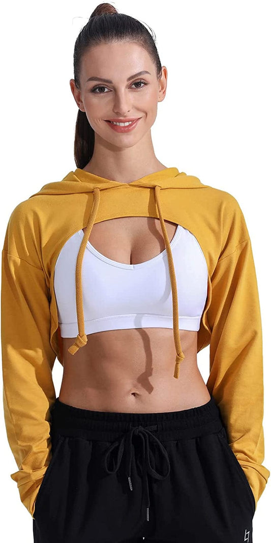 Cropped Top Hoodie Women - Long Sleeve Workout Super Crop Top Sweatshirt plus Size Gym Cute Cut-Out Pullover Yellow / Large