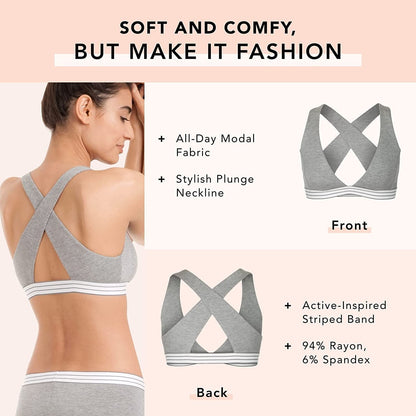 Cross Back Bralette - Modal Cotton Bra, Wireless Deep V Bra - Lounge Bra, Everyday Bras, and Comfy Bras for Women
