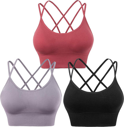Cross Back Sport Bras Padded Strappy Criss Cross Cropped Bras for Yoga Workout Fitness Low Impact ①raspberry Red Black Lavender 3 Pack / Small