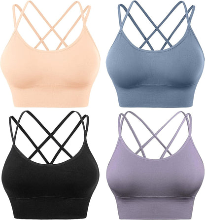Cross Back Sport Bras Padded Strappy Criss Cross Cropped Bras for Yoga Workout Fitness Low Impact ⑥black Lavender Flesh Blue 4 Pack / Small