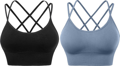 Cross Back Sport Bras Padded Strappy Criss Cross Cropped Bras for Yoga Workout Fitness Low Impact ③black Blue 2 Pack / X-Large