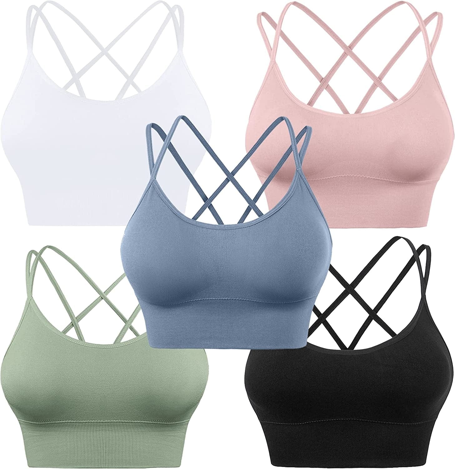 Cross Back Sport Bras Padded Strappy Criss Cross Cropped Bras for Yoga Workout Fitness Low Impact ⑥black White Blue Green Pink 5 Pack / XX-Large