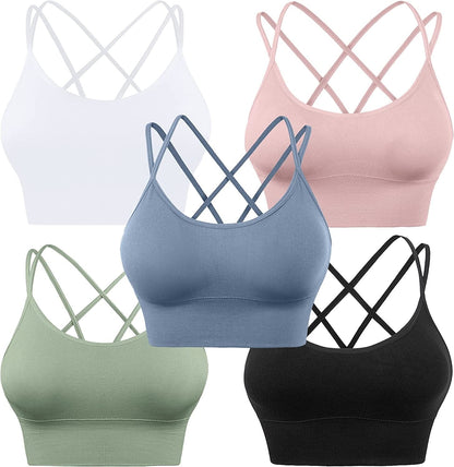 Cross Back Sport Bras Padded Strappy Criss Cross Cropped Bras for Yoga Workout Fitness Low Impact ⑥black White Blue Green Pink 5 Pack / XX-Large