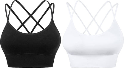 Cross Back Sport Bras Padded Strappy Criss Cross Cropped Bras for Yoga Workout Fitness Low Impact ③black White 2 Pack / X-Large
