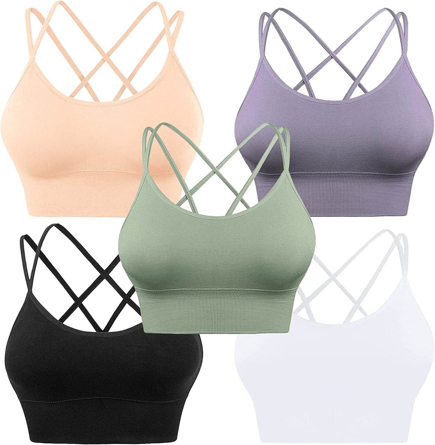 Cross Back Sport Bras Padded Strappy Criss Cross Cropped Bras for Yoga Workout Fitness Low Impact ⑥black White Lavender Flesh Green 5 Pack / Medium