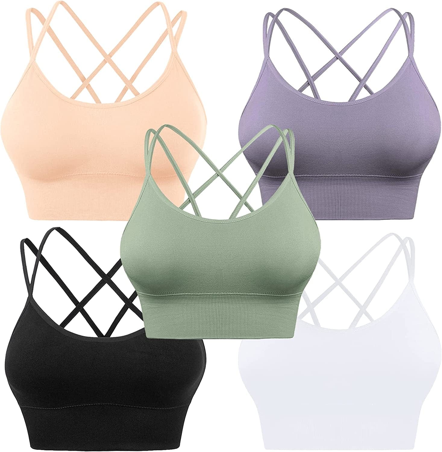 Cross Back Sport Bras Padded Strappy Criss Cross Cropped Bras for Yoga Workout Fitness Low Impact ⑥black White Lavender Flesh Green 5 Pack / Medium