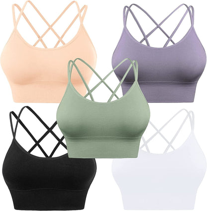 Cross Back Sport Bras Padded Strappy Criss Cross Cropped Bras for Yoga Workout Fitness Low Impact ⑥black White Lavender Flesh Green 5 Pack / Medium
