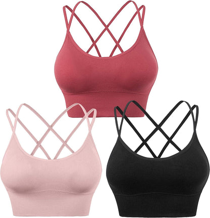 Cross Back Sport Bras Padded Strappy Criss Cross Cropped Bras for Yoga Workout Fitness Low Impact ①raspberry Red Black Pastel Pink 3 Pack / Medium