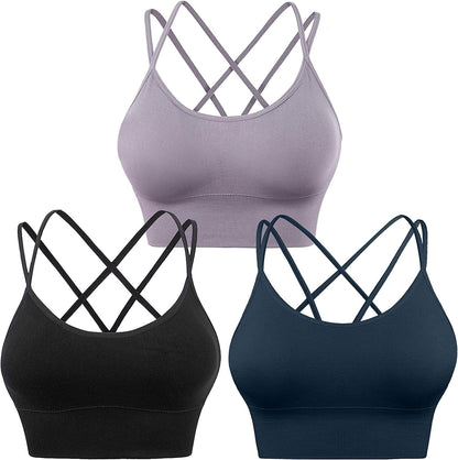Cross Back Sport Bras Padded Strappy Criss Cross Cropped Bras for Yoga Workout Fitness Low Impact ①navy Blue Black Lavender 3 Pack / Medium