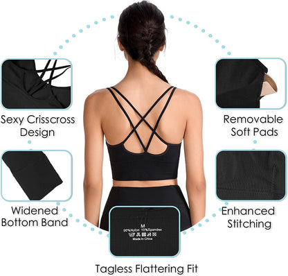 Cross Back Sport Bras Padded Strappy Criss Cross Cropped Bras for Yoga Workout Fitness Low Impact