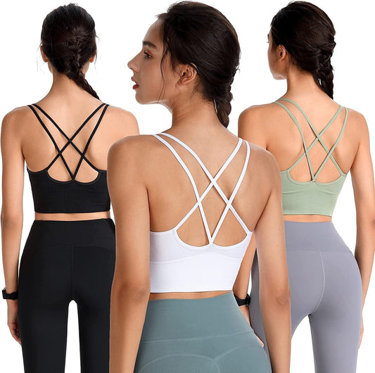 Cross Back Sport Bras Padded Strappy Criss Cross Cropped Bras for Yoga Workout Fitness Low Impact ①green Black White 3 Pack / X-Large