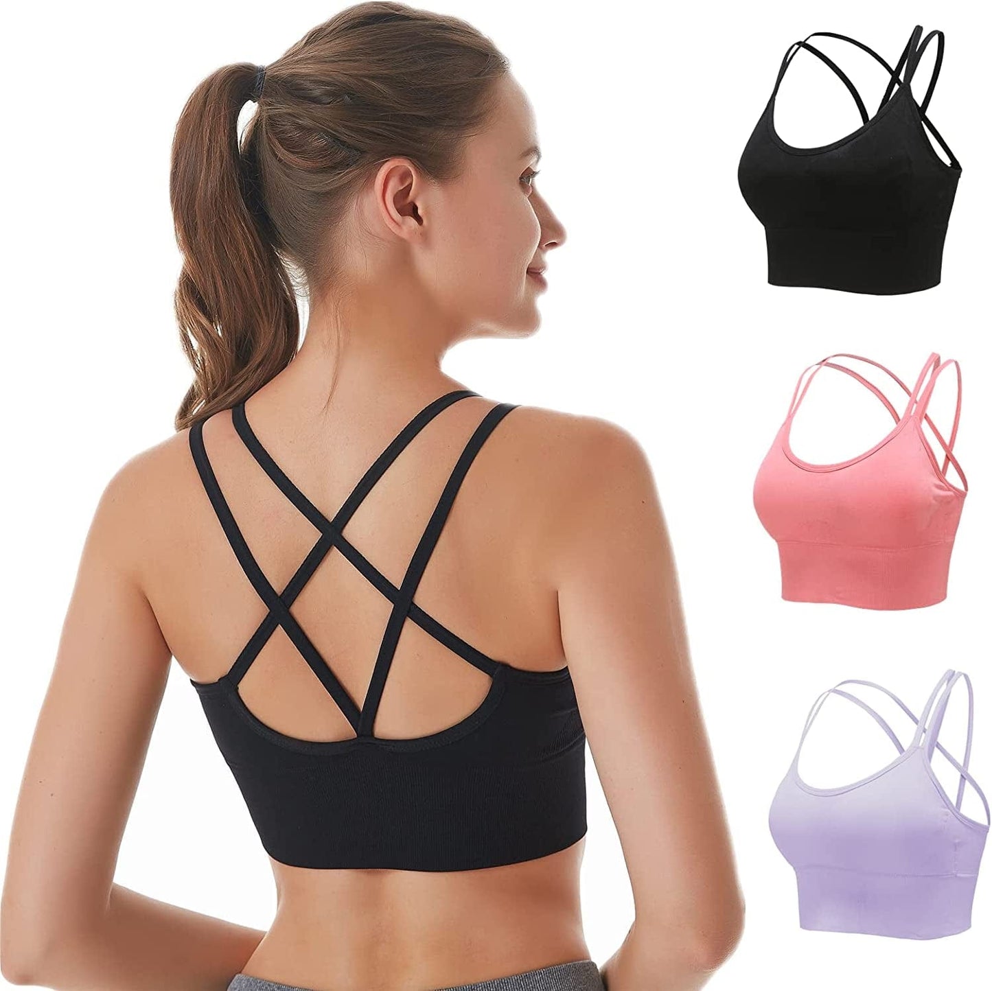 Cross Back Sports Bras for Women Padded Strappy Sports Bra Sexy Crisscross Workout Bras for Yoga, Running, Fitness Black+red+purple / X-Large