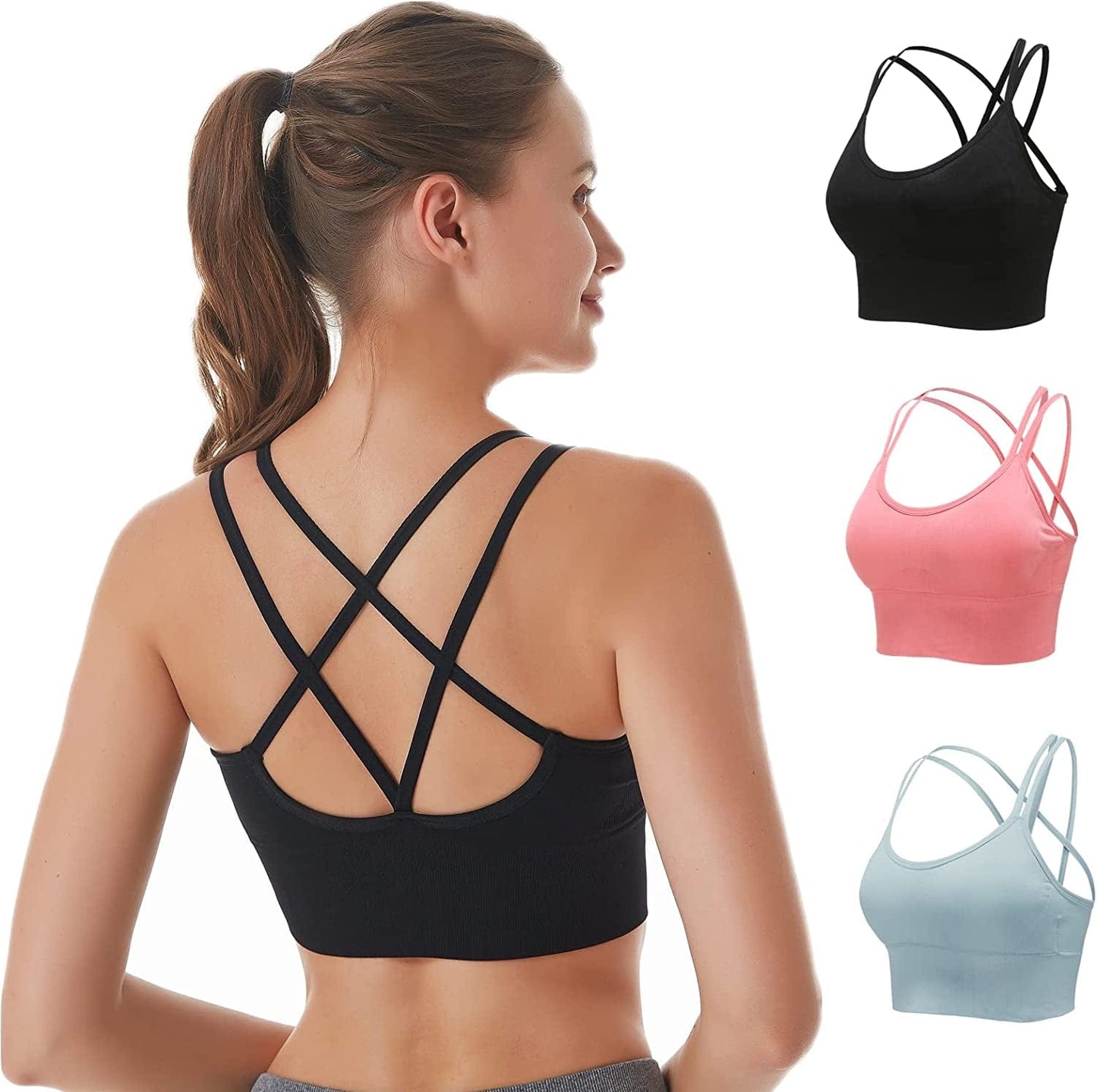 Cross Back Sports Bras for Women Padded Strappy Sports Bra Sexy Crisscross Workout Bras for Yoga, Running, Fitness Black+red+blue / Medium