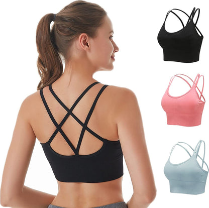 Cross Back Sports Bras for Women Padded Strappy Sports Bra Sexy Crisscross Workout Bras for Yoga, Running, Fitness Black+red+blue / Medium