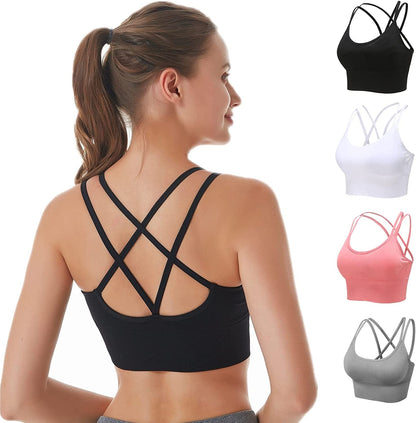 Cross Back Sports Bras for Women Padded Strappy Sports Bra Sexy Crisscross Workout Bras for Yoga, Running, Fitness Black+white+grey+red / Small