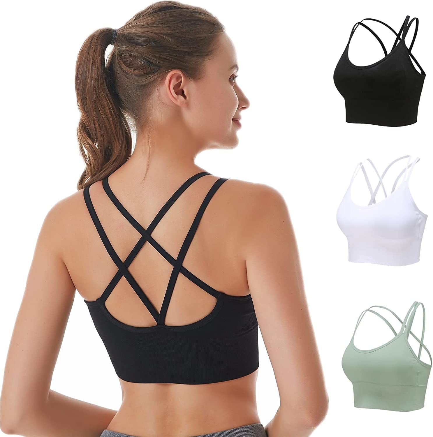 Cross Back Sports Bras for Women Padded Strappy Sports Bra Sexy Crisscross Workout Bras for Yoga, Running, Fitness Black+white+green / Small