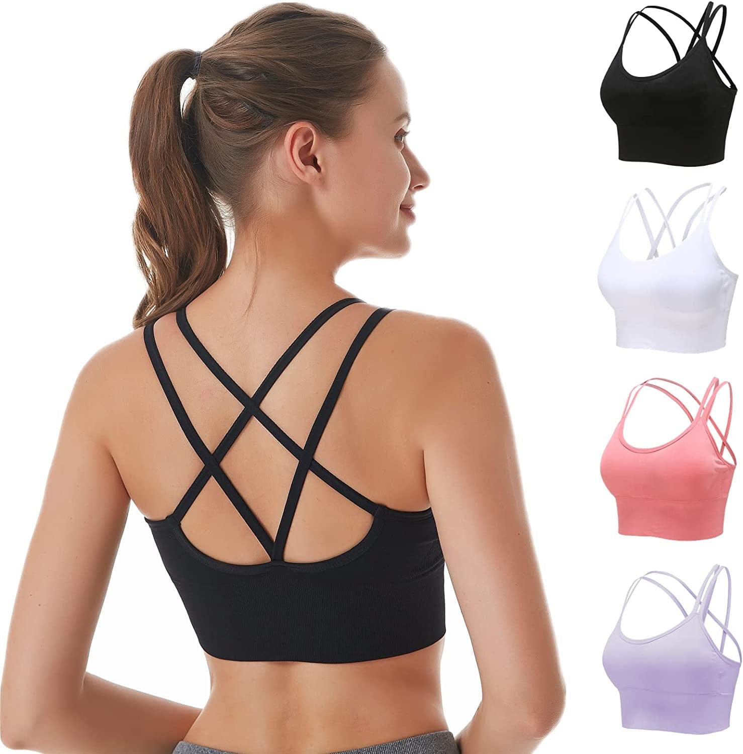 Cross Back Sports Bras for Women Padded Strappy Sports Bra Sexy Crisscross Workout Bras for Yoga, Running, Fitness Black+white+purple+red / Large