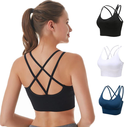 Cross Back Sports Bras for Women Padded Strappy Sports Bra Sexy Crisscross Workout Bras for Yoga, Running, Fitness Black+white+navy Blue / X-Large