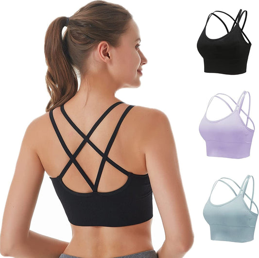 Cross Back Sports Bras for Women Padded Strappy Sports Bra Sexy Crisscross Workout Bras for Yoga, Running, Fitness Black+purple+blue / Small