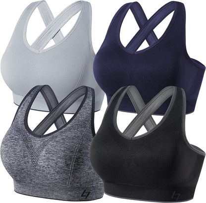 Cross Back Sports Bras for Women - Seamless Sports Bra with Removable Padded for Yoga Gym Workout Black/Grey/Navy Blue/Silver Grey / XX-Large