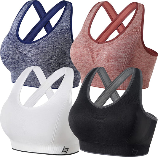 Cross Back Sports Bras for Women - Seamless Sports Bra with Removable Padded for Yoga Gym Workout A-pack of 4 Black/White/Red/Blue / X-Large