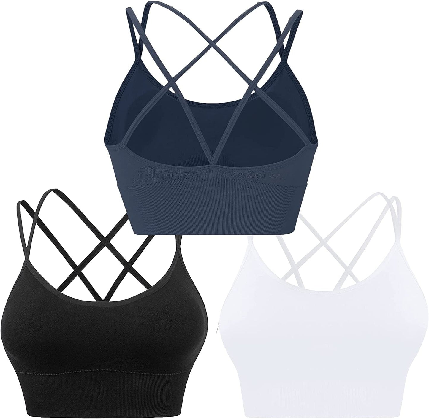 Cross Back Sports Bras for Women Strappy Padded Longline Workout Yoga Bra Cropped Set Low Impact ③3 Pack-black White Navy Blue / Medium