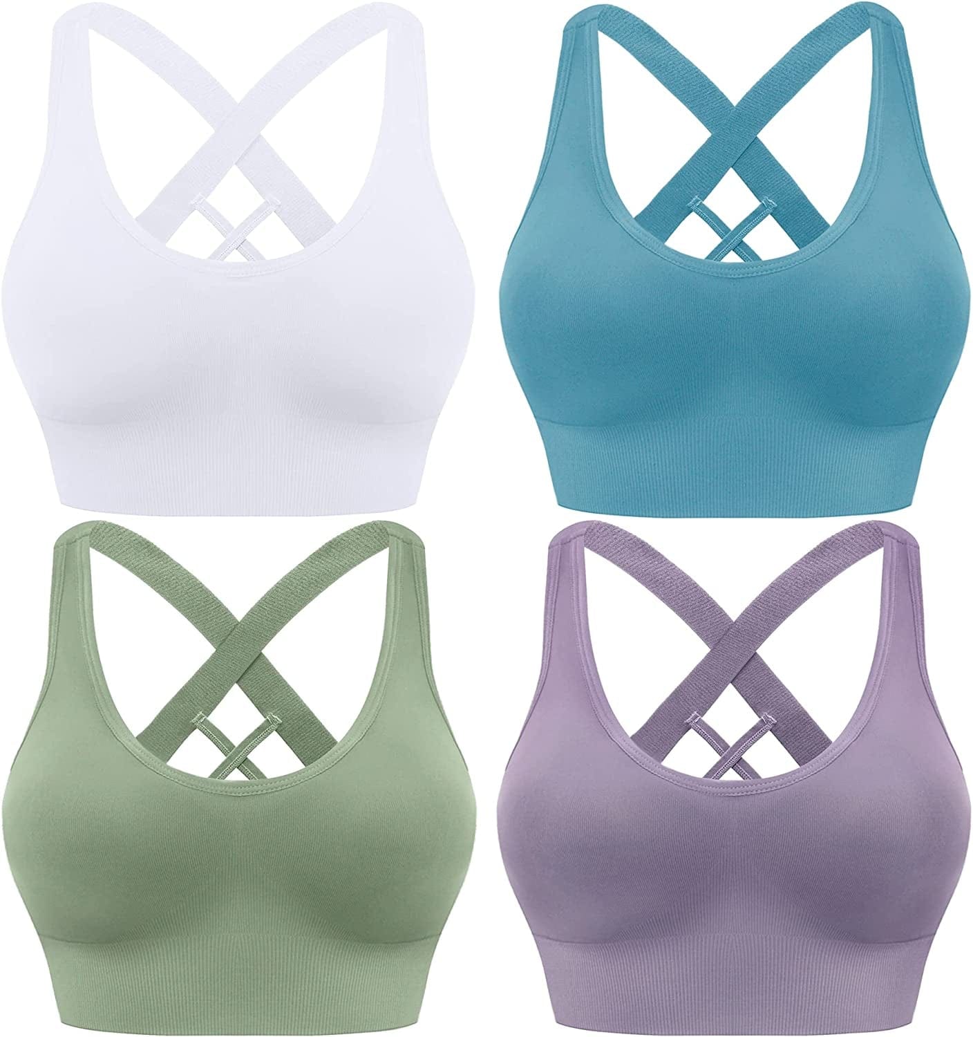 Cross Back Sports Bras for Women Strappy Padded Longline Workout Yoga Bra Cropped Set Low Impact Blue White Purple Green 4 Pack (Wide Straps) / X-Large
