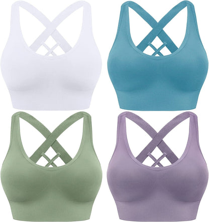 Cross Back Sports Bras for Women Strappy Padded Longline Workout Yoga Bra Cropped Set Low Impact Blue White Purple Green 4 Pack (Wide Straps) / X-Large