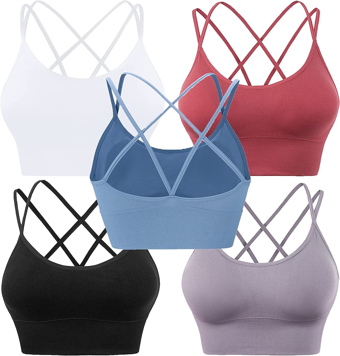 Cross Back Sports Bras for Women Strappy Padded Longline Workout Yoga Bra Cropped Set Low Impact ①5 Pack-black White Blue Purple Red / Medium