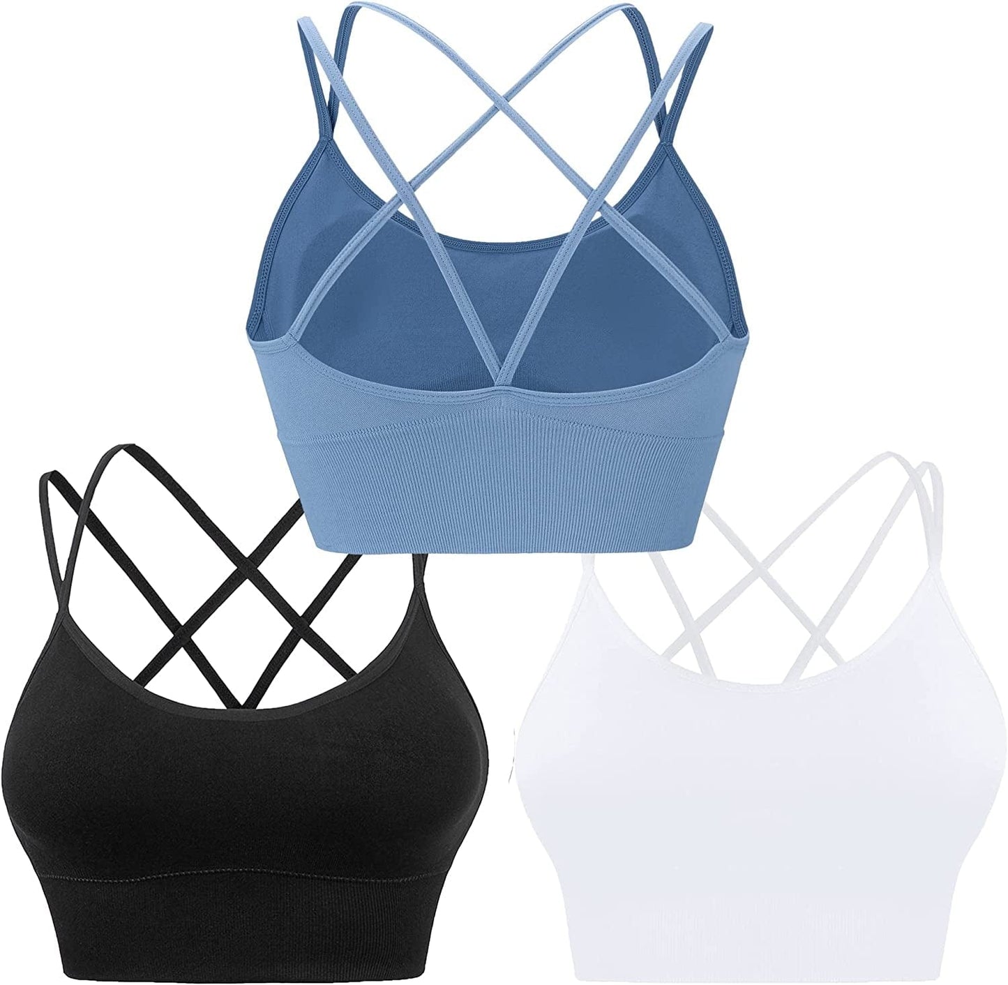 Cross Back Sports Bras for Women Strappy Padded Longline Workout Yoga Bra Cropped Set Low Impact ③3 Pack-black White Blue / Small