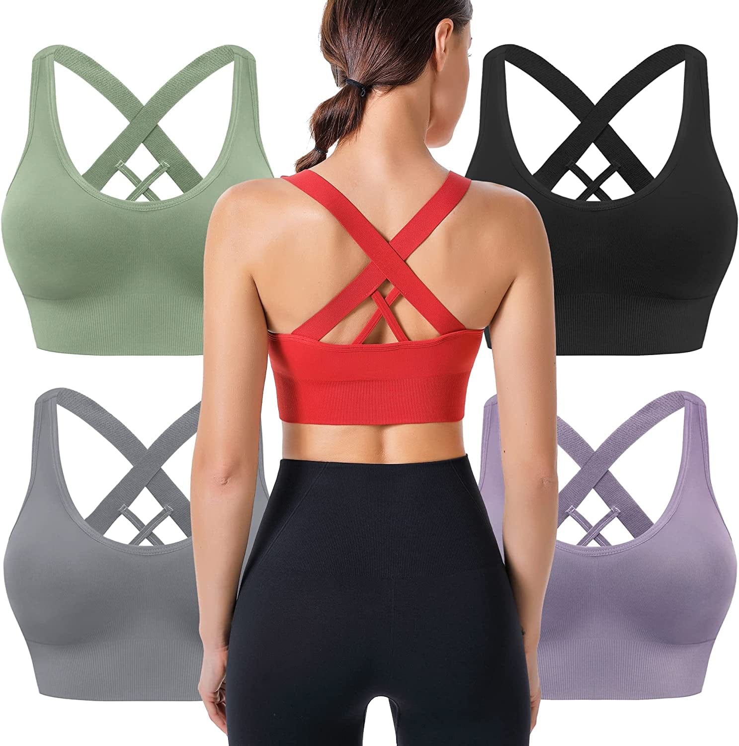 Cross Back Sports Bras for Women Strappy Padded Longline Workout Yoga Bra Cropped Set Low Impact Black Gray Red Purple Green 5 Pack (Wide Straps) / X-Large