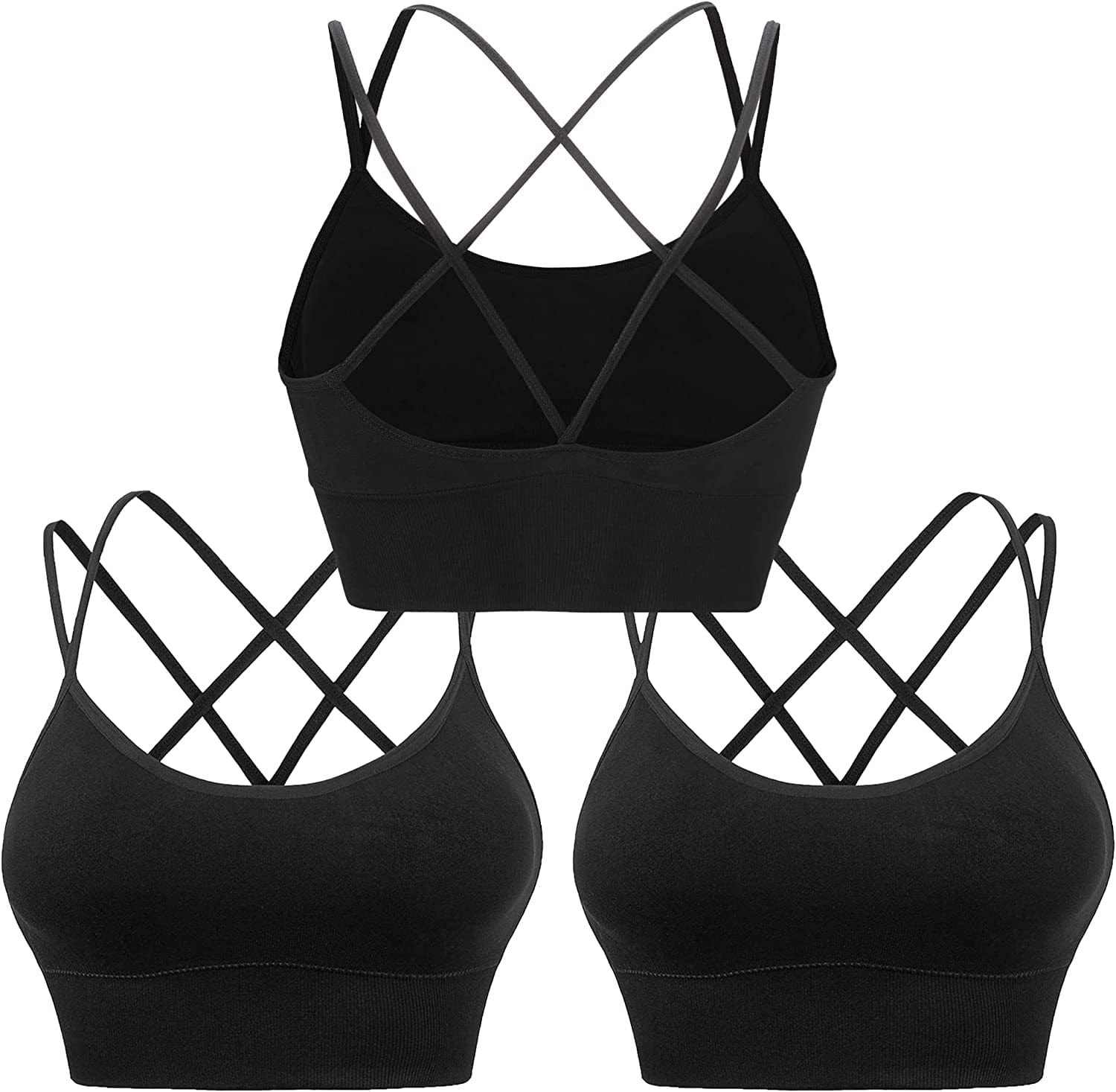 Cross Back Sports Bras for Women Strappy Padded Longline Workout Yoga Bra Cropped Set Low Impact ③3 Pack-black Black Black / Medium