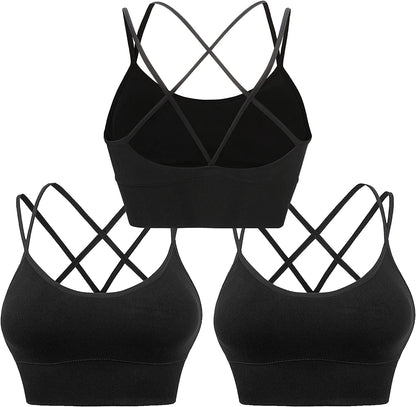 Cross Back Sports Bras for Women Strappy Padded Longline Workout Yoga Bra Cropped Set Low Impact ③3 Pack-black Black Black / Medium