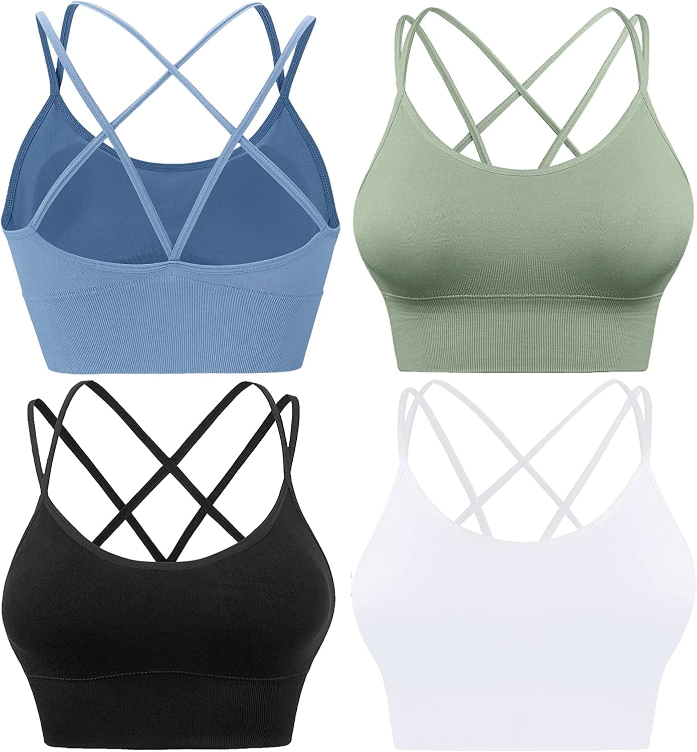 Cross Back Sports Bras for Women Strappy Padded Longline Workout Yoga Bra Cropped Set Low Impact ②4 Pack-black White Blue Green / X-Large