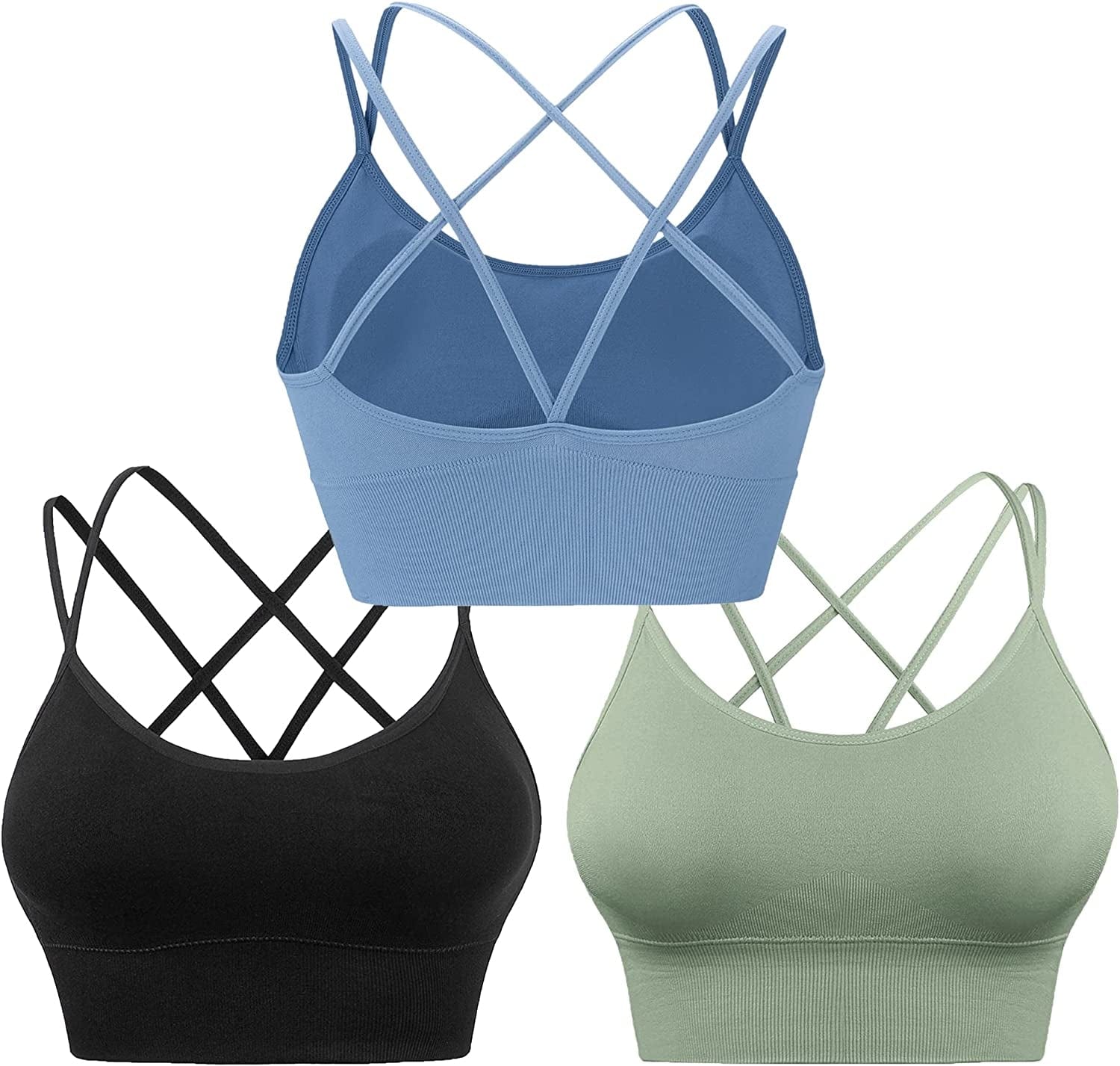 Cross Back Sports Bras for Women Strappy Padded Longline Workout Yoga Bra Cropped Set Low Impact ③3 Pack-black Blue Green / X-Large