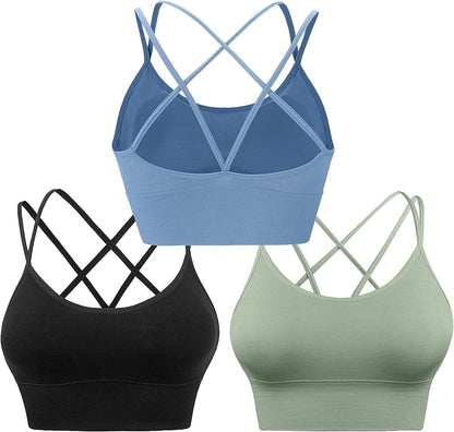 Cross Back Sports Bras for Women Strappy Padded Longline Workout Yoga Bra Cropped Set Low Impact ③3 Pack-black Blue Green / X-Large