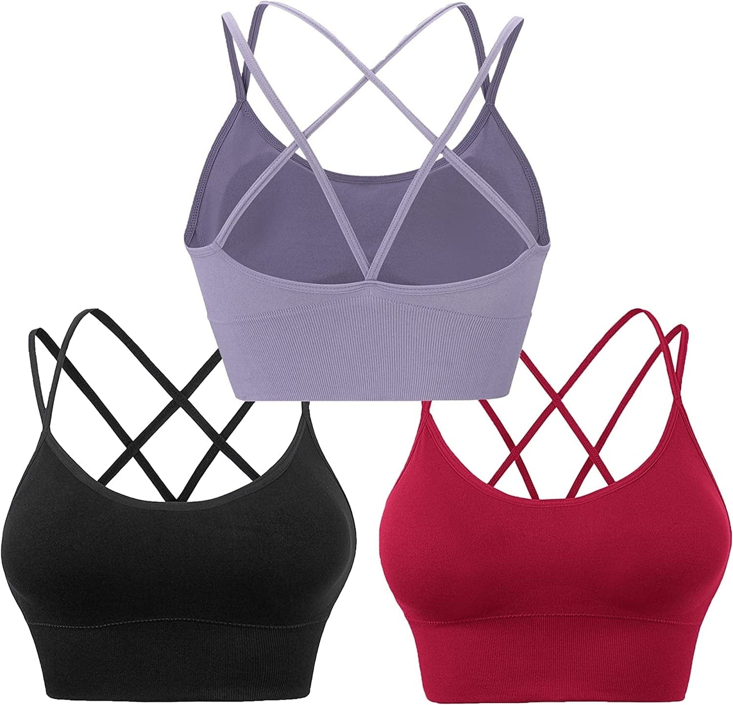 Cross Back Sports Bras for Women Strappy Padded Longline Workout Yoga Bra Cropped Set Low Impact ③3 Pack-black Purple Wine Red / X-Large