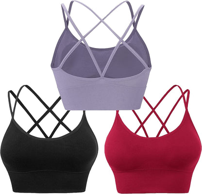 Cross Back Sports Bras for Women Strappy Padded Longline Workout Yoga Bra Cropped Set Low Impact ③3 Pack-black Purple Wine Red / X-Large