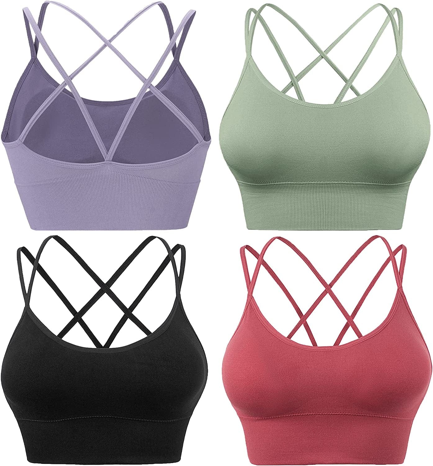 Cross Back Sports Bras for Women Strappy Padded Longline Workout Yoga Bra Cropped Set Low Impact ②4 Pack-black Green Purple Red / X-Large