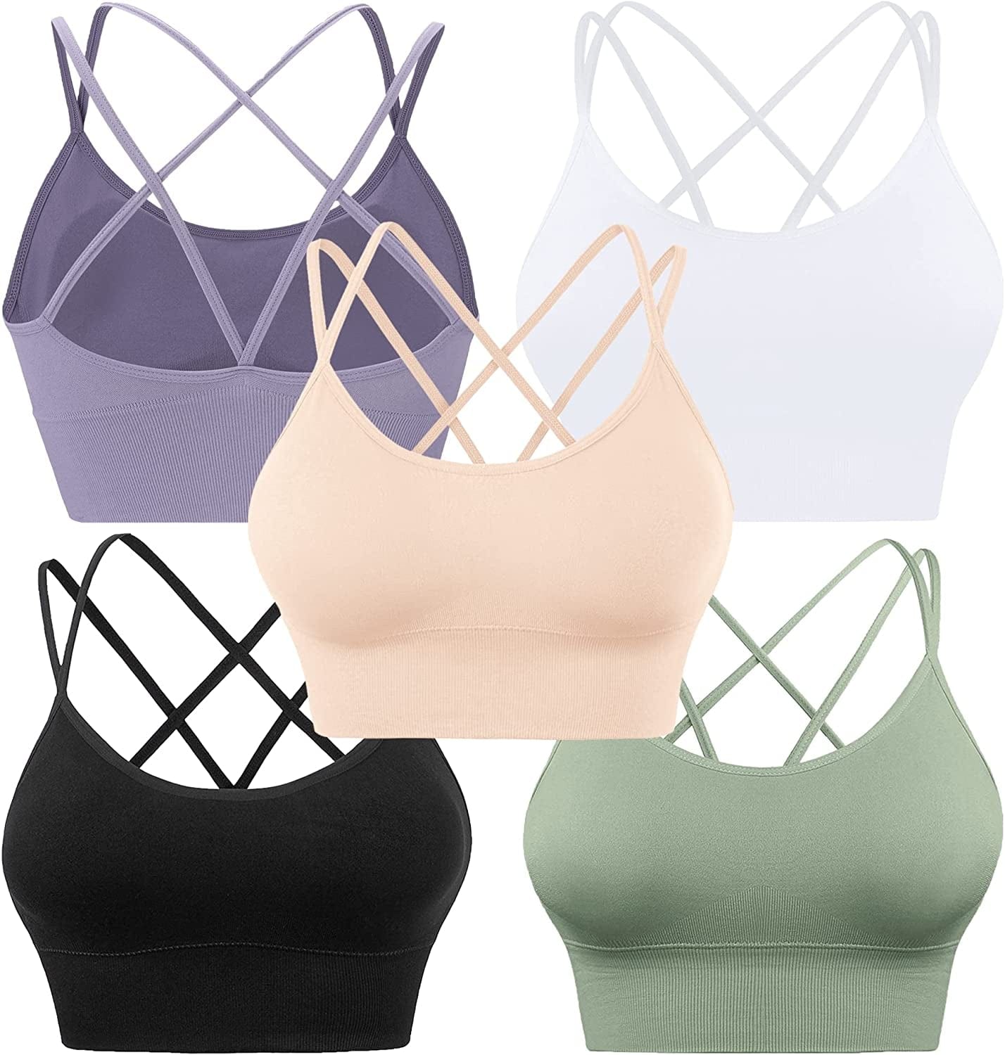Cross Back Sports Bras for Women Strappy Padded Longline Workout Yoga Bra Cropped Set Low Impact ①5 Pack-black White Purple Flesh Green / Medium