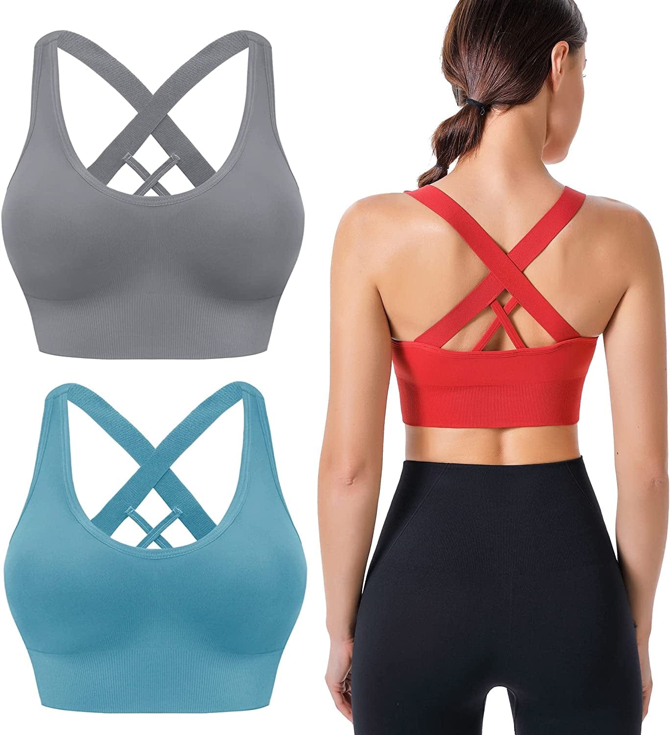 Cross Back Sports Bras for Women Strappy Padded Longline Workout Yoga Bra Cropped Set Low Impact Blue Gray Red 3 Pack (Wide Straps) / Large