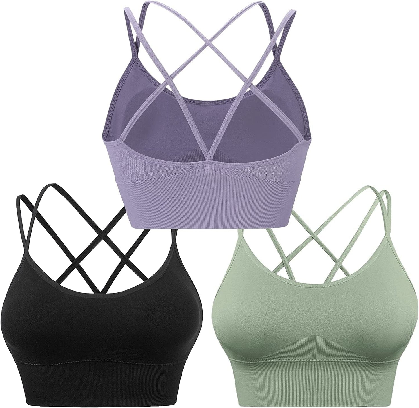 Cross Back Sports Bras for Women Strappy Padded Longline Workout Yoga Bra Cropped Set Low Impact ③3 Pack-black Green Purple / X-Large