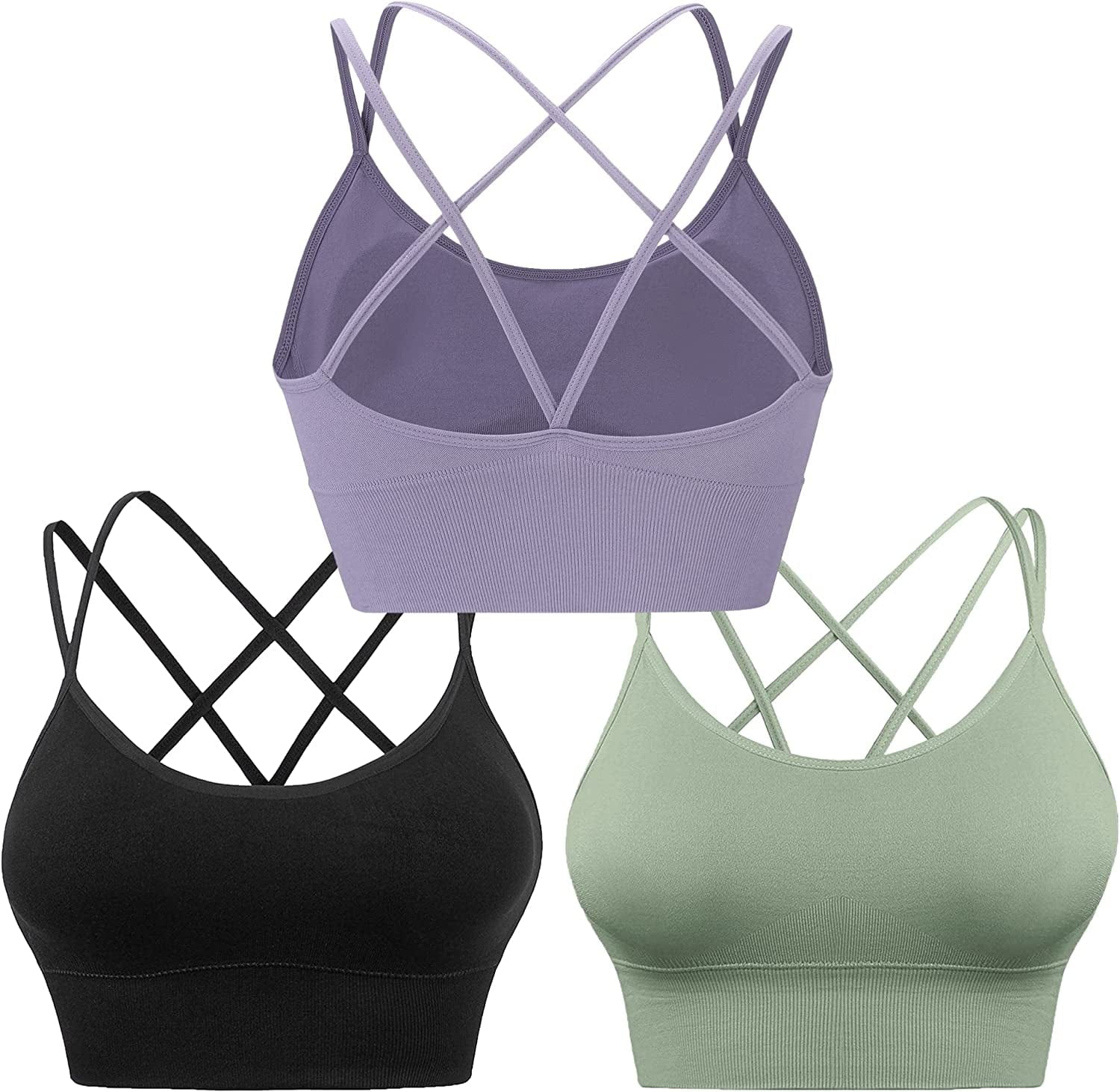 Cross Back Sports Bras for Women Strappy Padded Longline Workout Yoga Bra Cropped Set Low Impact ③3 Pack-black Green Purple / X-Large